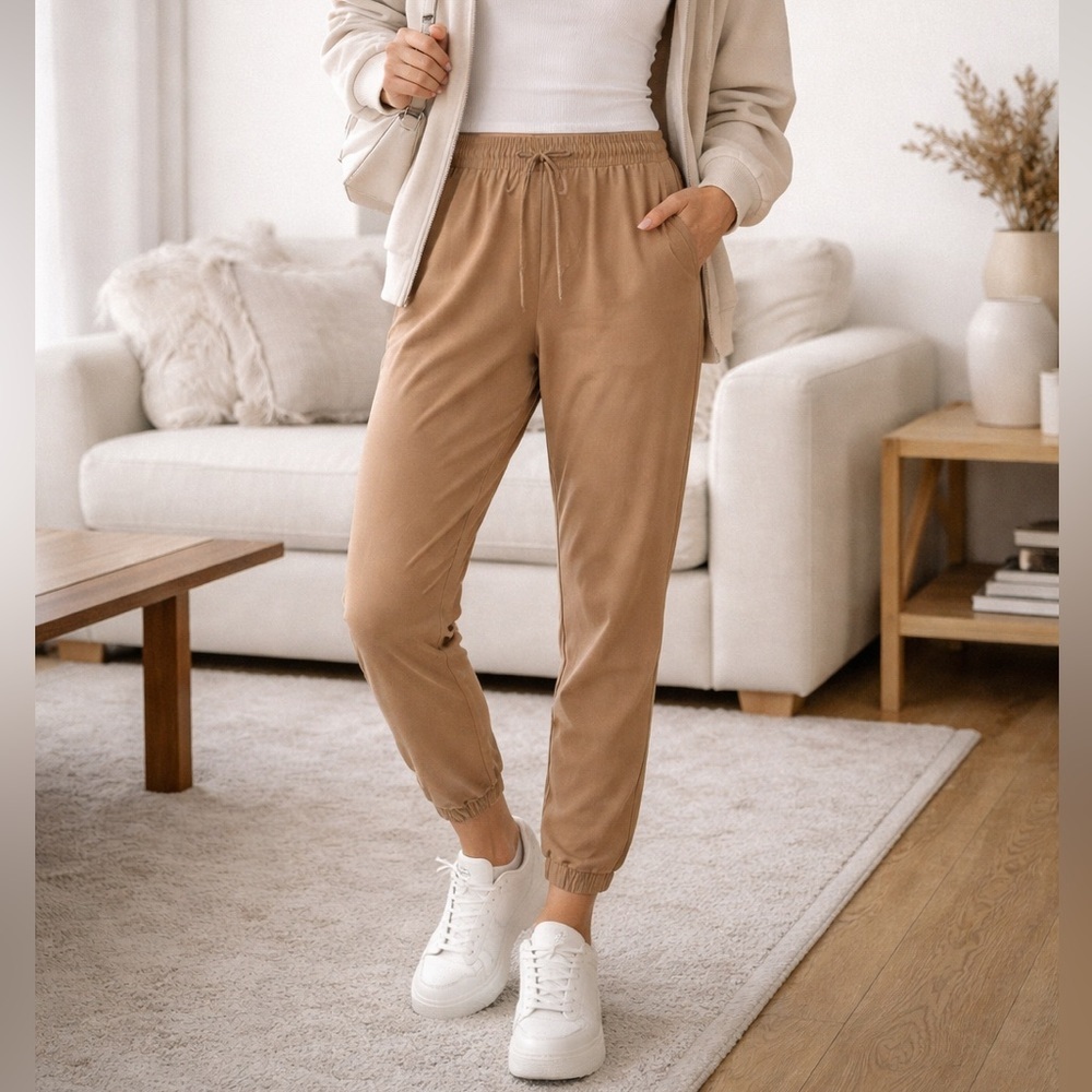 NWT WAYF Tan Lightweight Joggers | Neutral Tapered Pants Elastic Waist Size S